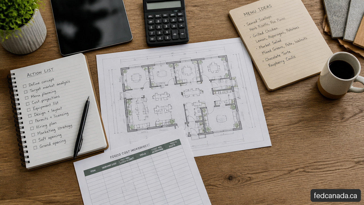 Restaurant planning notes, menu worksheet, and action items prepared for a consultation.