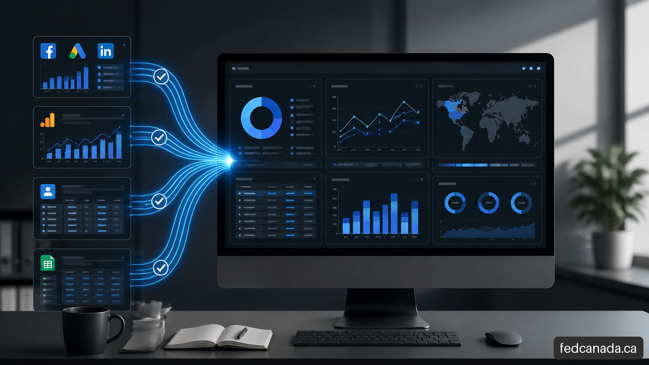 Marketing data from advertising, analytics, CRM, and spreadsheets organized in a central reporting system.
