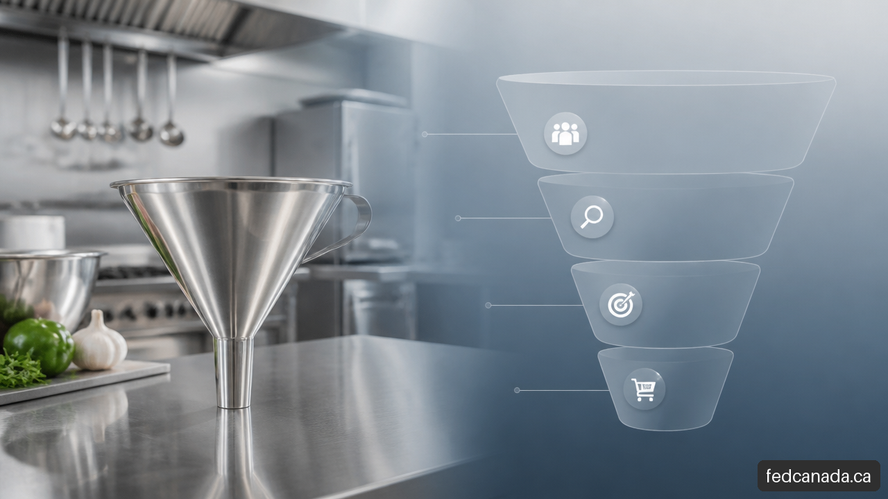 Stainless steel kitchen funnel beside a visual diagram of a marketing conversion funnel.