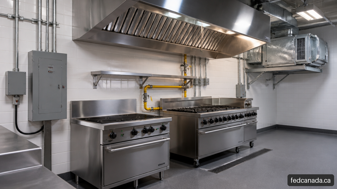 Commercial kitchen utility infrastructure for gas and electric range oven installation.