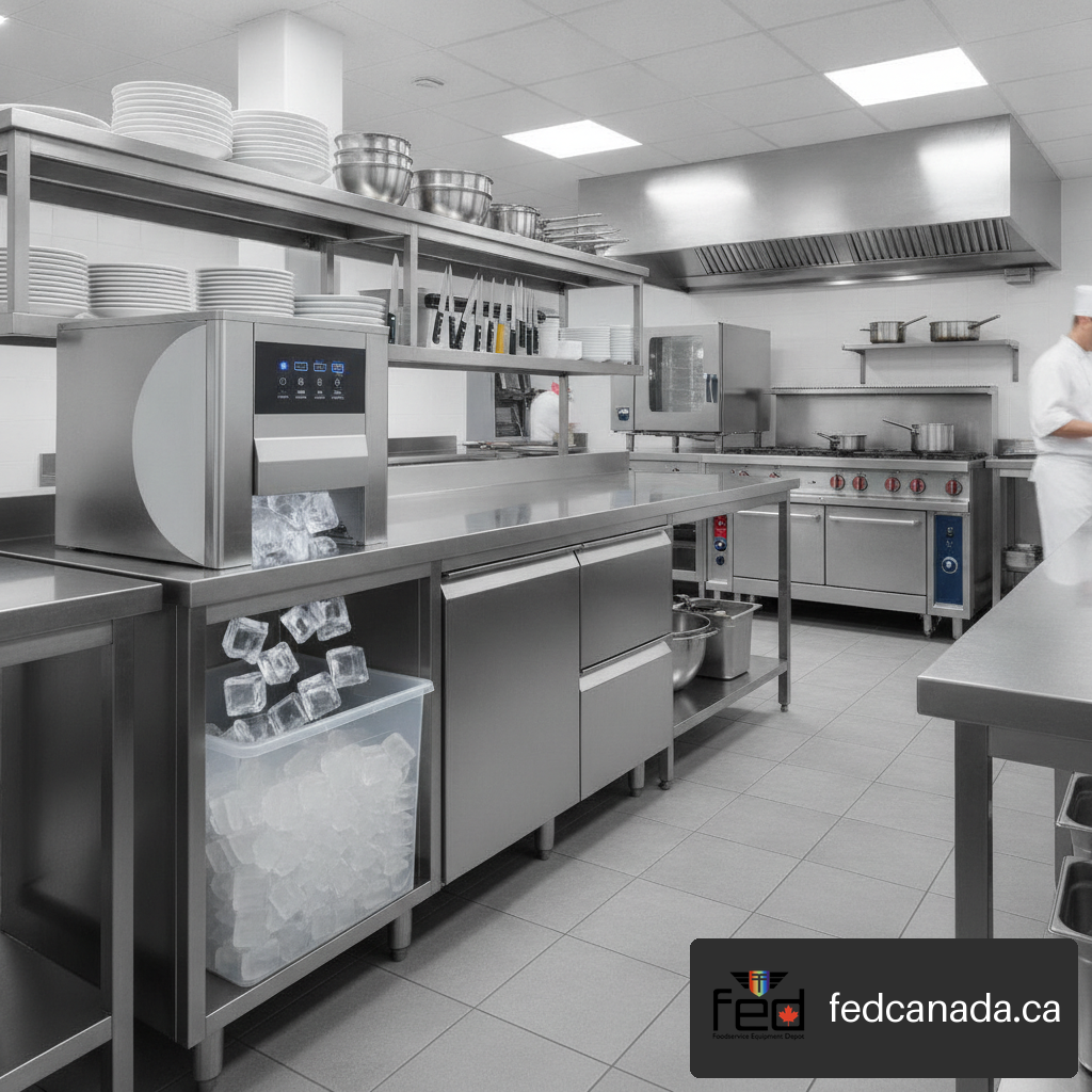 Commercial ice maker machine operating in a professional kitchen environment