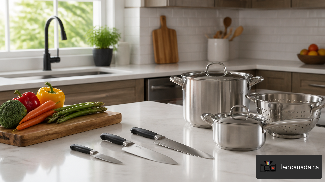 Chef knife, paring knife, bread knife, and stainless steel cookware arranged on a kitchen counter.
