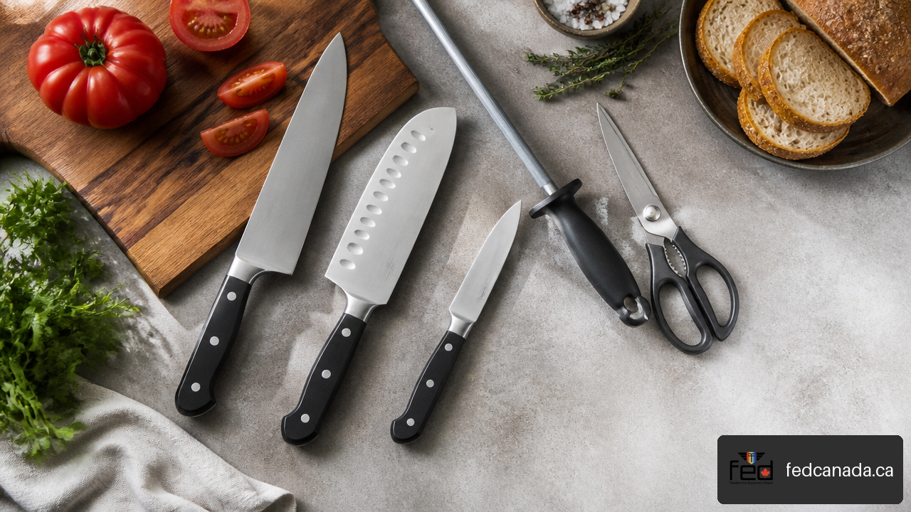 Kitchen knives, honing rod, shears, cutting board, tomatoes, herbs, and bread prepared for comparison.