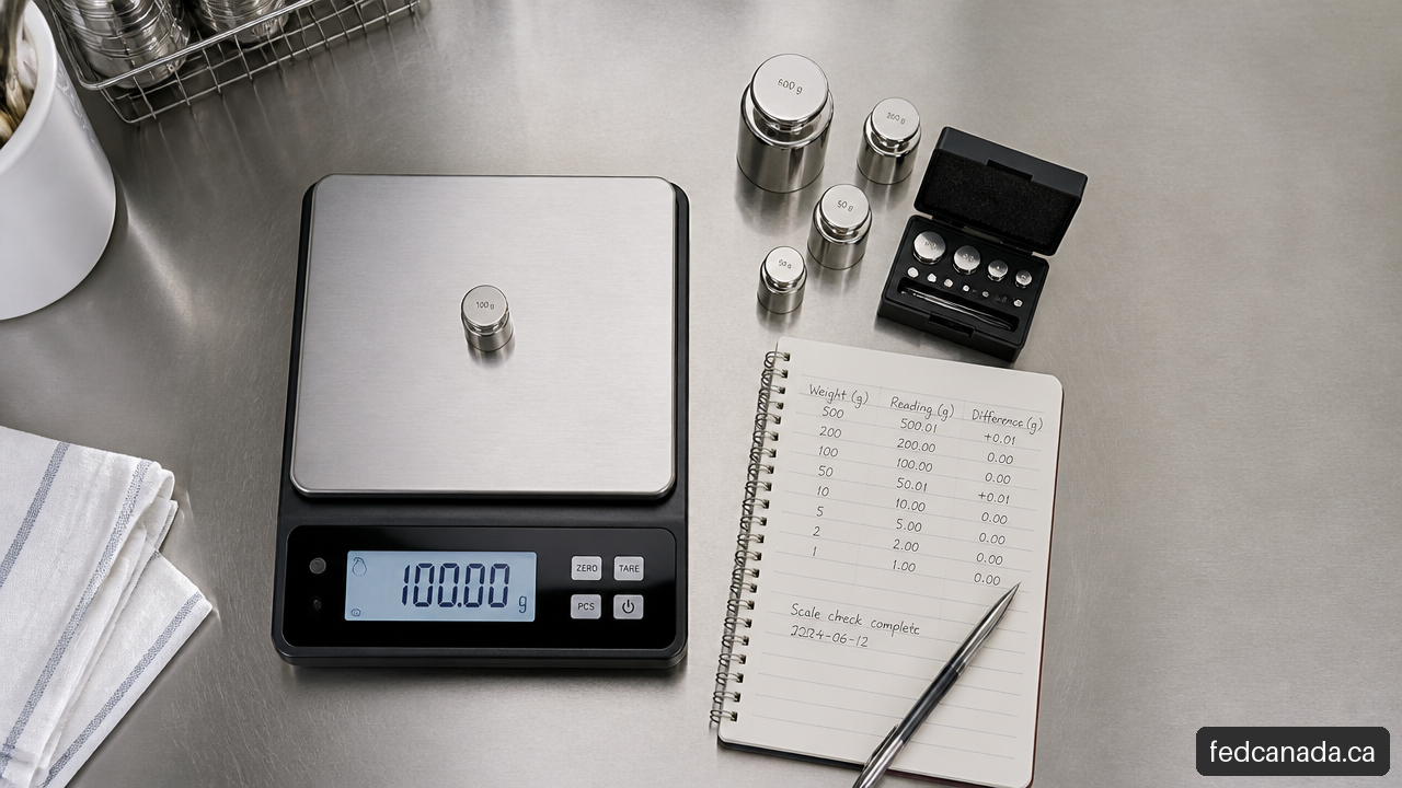 Digital kitchen scale being checked with reference weights for accuracy and repeatability