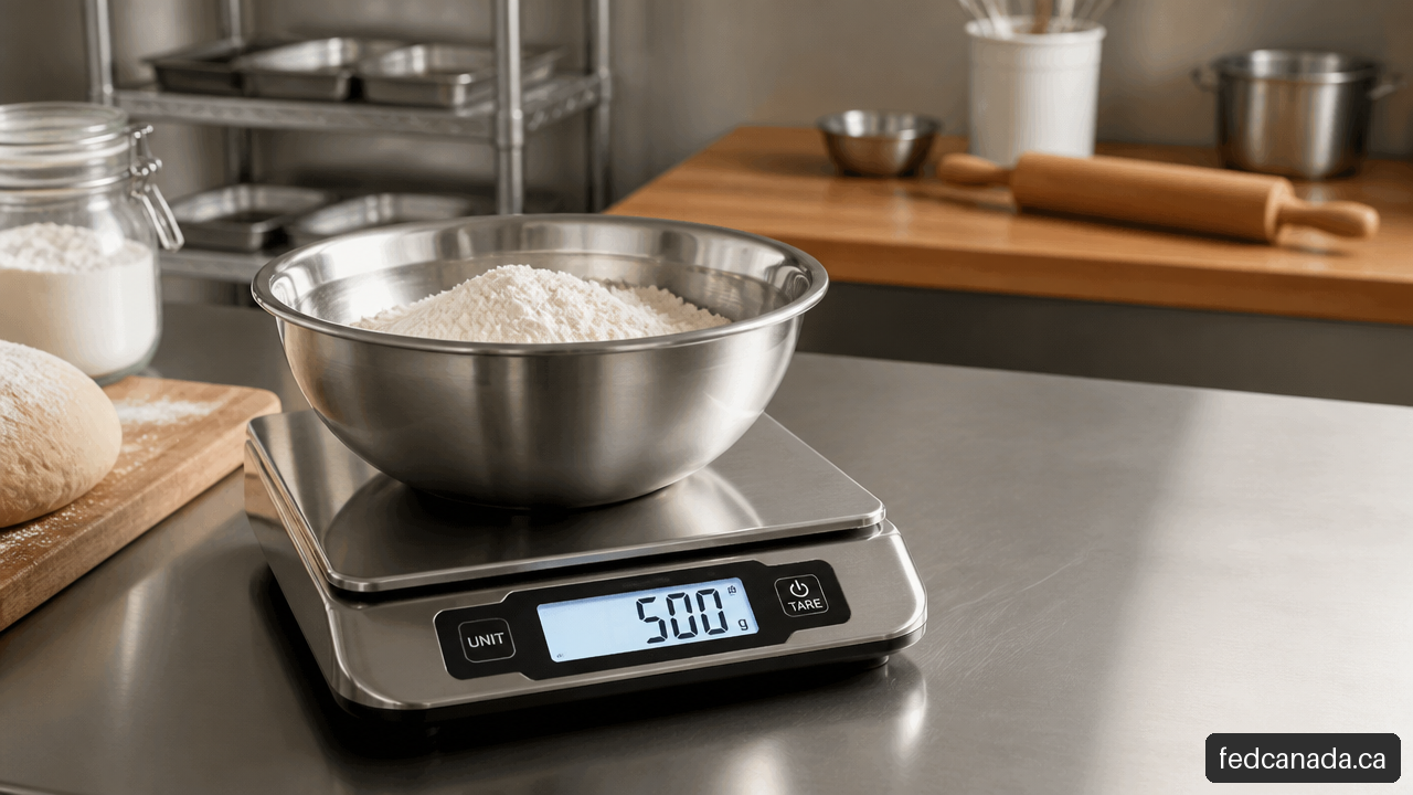 Digital kitchen scale weighing flour in a stainless steel mixing bowl on a commercial prep counter