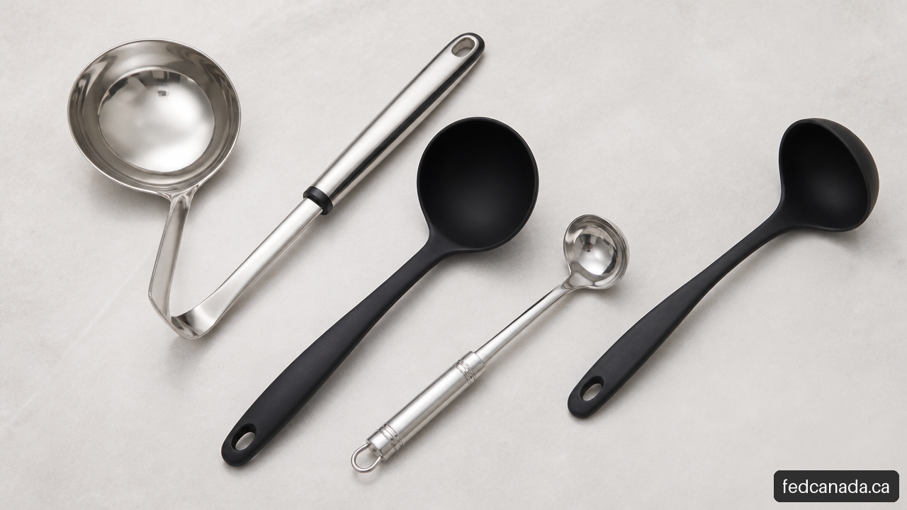 Comparison of stainless steel, silicone, sauce, and nylon kitchen ladles.