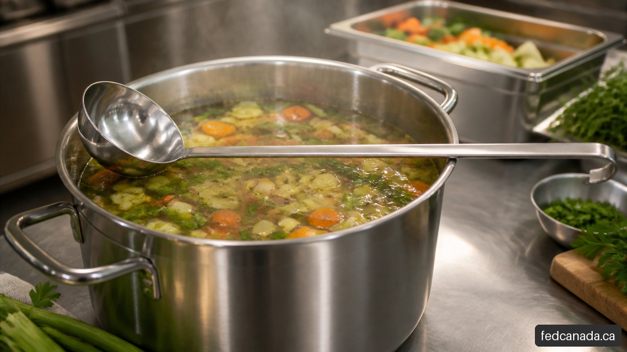 Stainless steel ladle resting on a commercial stockpot of soup.