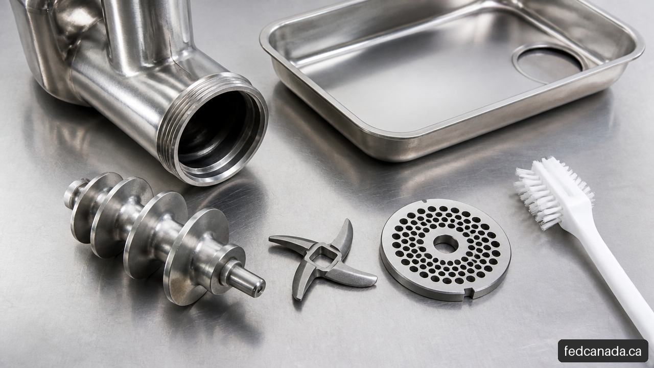 Disassembled meat grinder auger, knife, plate, and tray arranged for cleaning