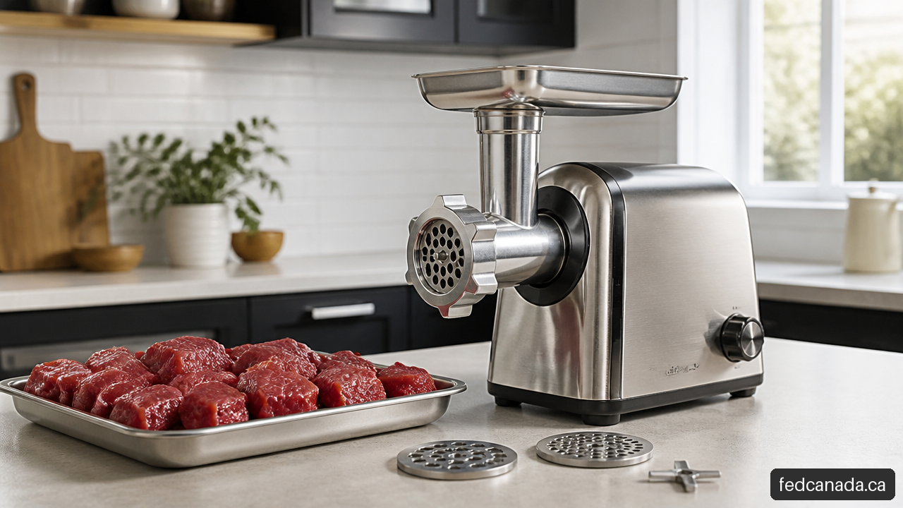 Stainless steel electric meat grinder with chilled beef cubes and grinding plates on a kitchen counter