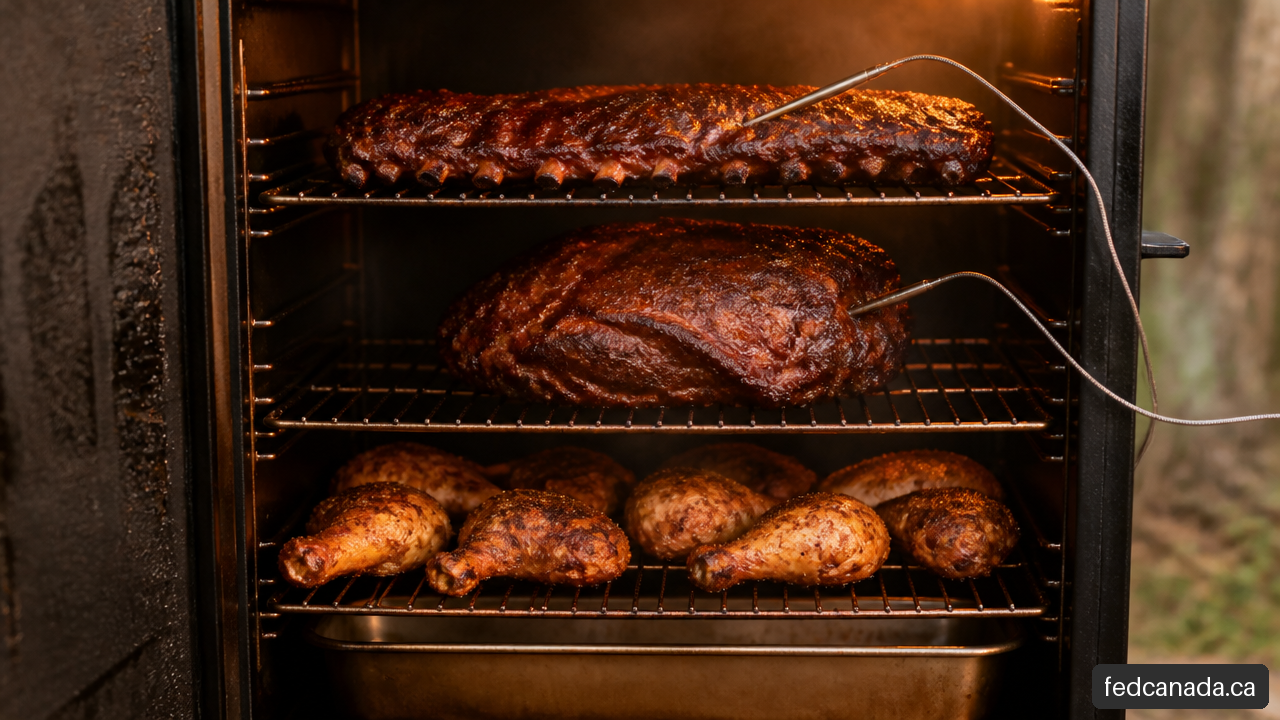Meat arranged with spacing inside a vertical smoker with rack-level temperature probes.