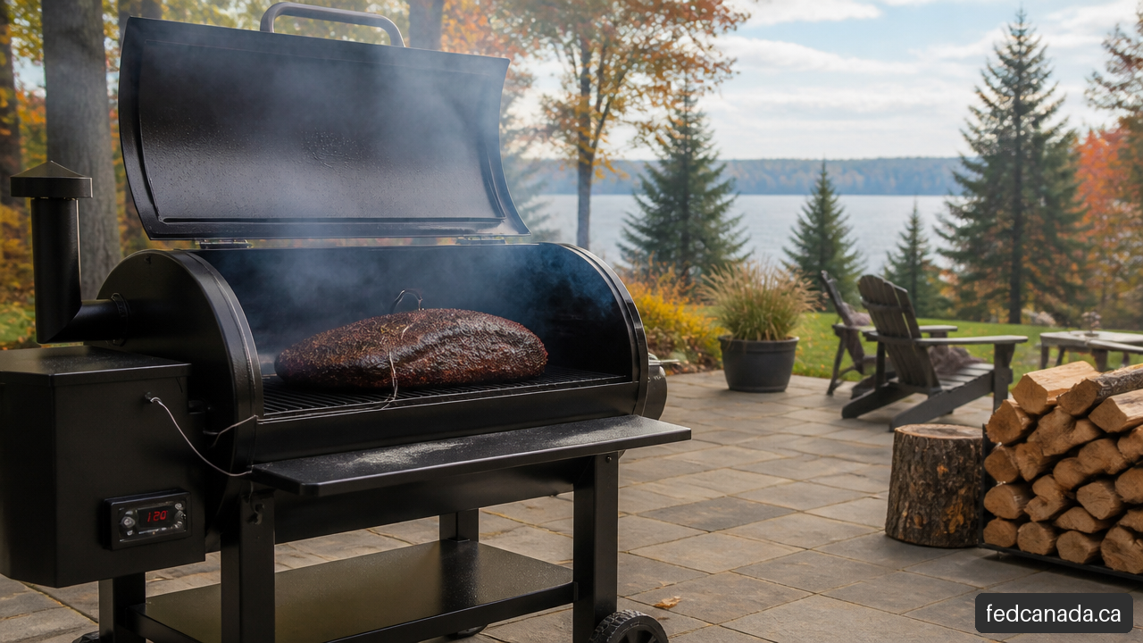 Outdoor meat smoker cooking brisket with a digital temperature probe and light wood smoke.