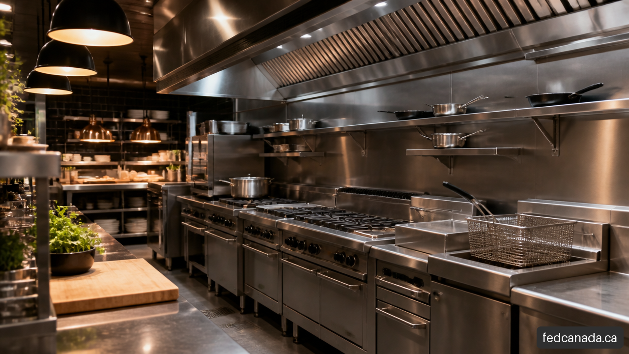 Professional restaurant kitchen with a modular commercial cooking line and stainless steel equipment
