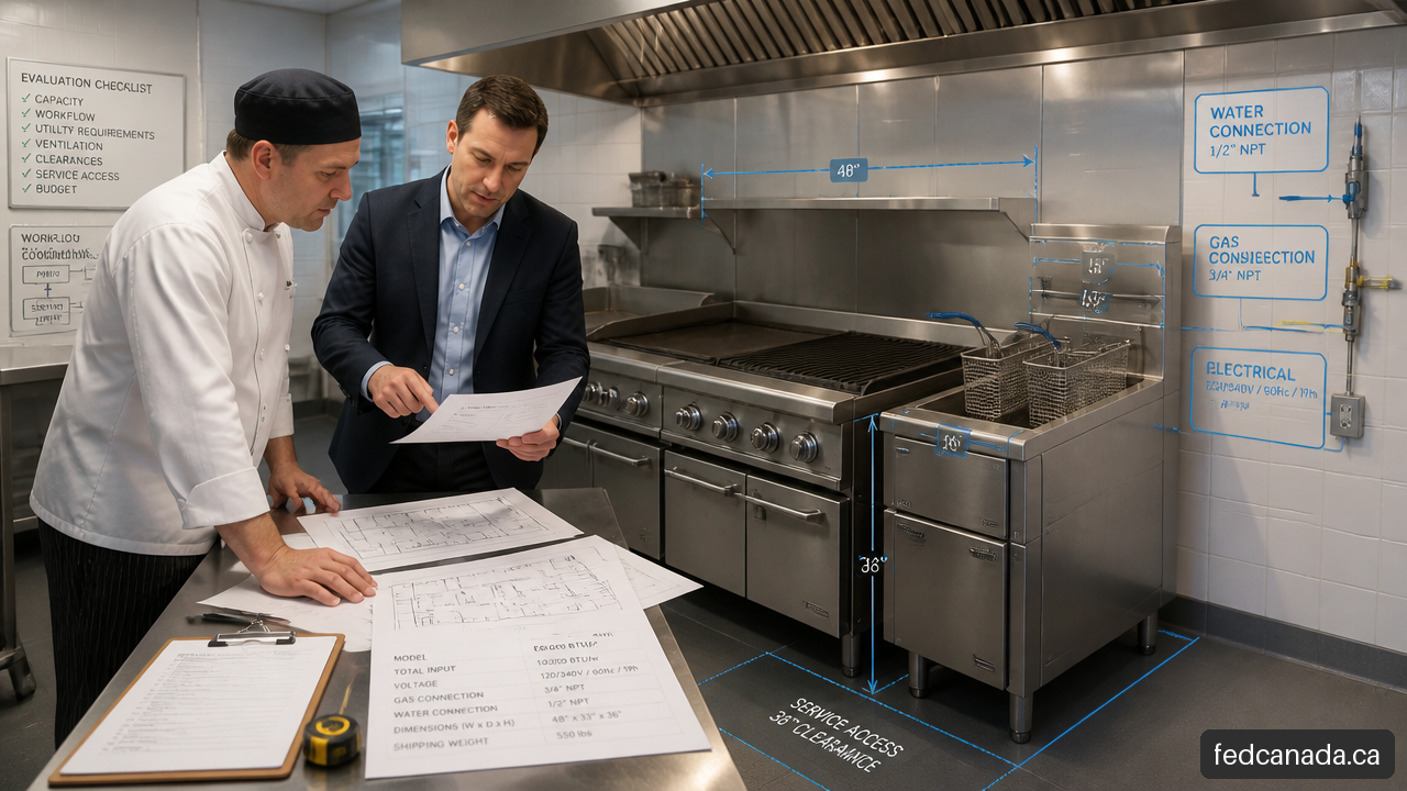 Restaurant team evaluating commercial cooking equipment specifications, utilities, and workflow