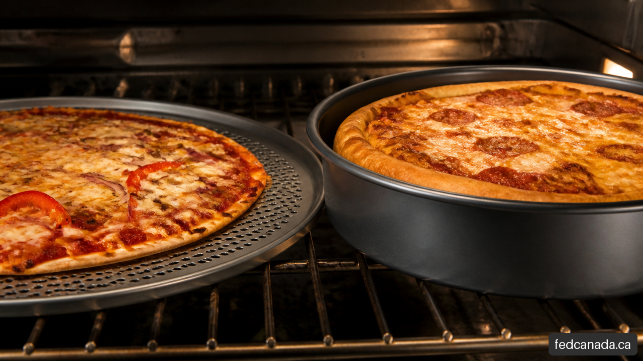 Comparison of a perforated pizza pan and a deep solid pizza pan