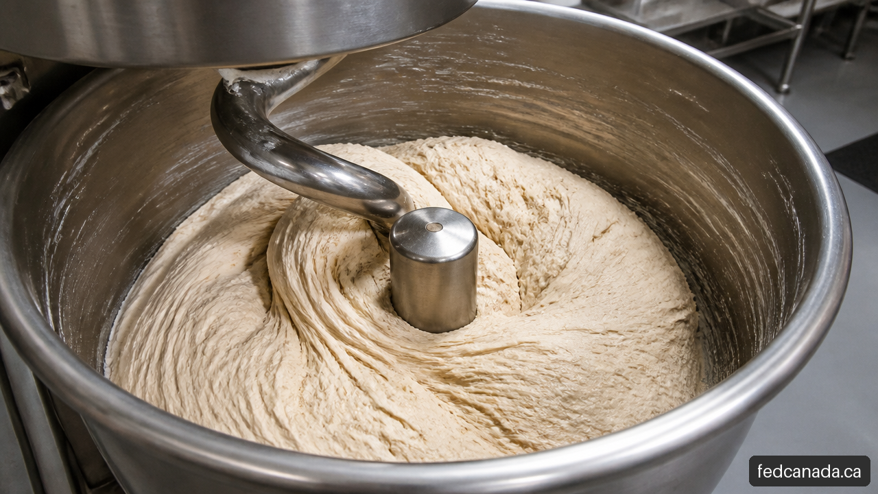 High-hydration dough mixing around a spiral hook and breaker bar in a commercial spiral mixer.