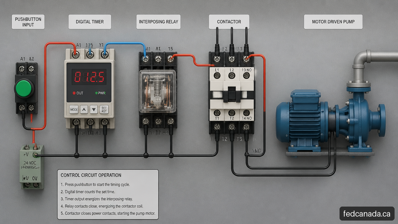 Diagram showing a process timer connected through an interposing relay and contactor to a pump motor.