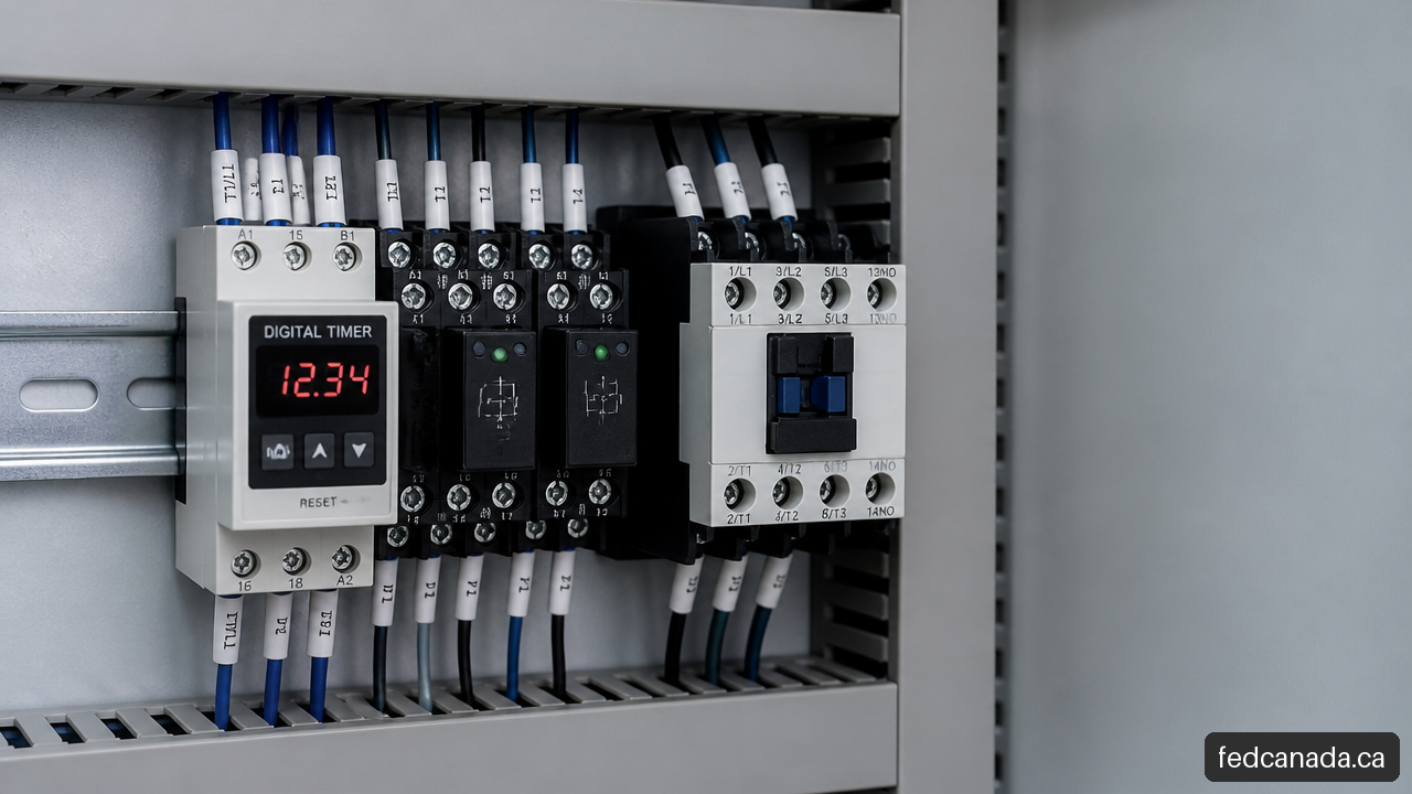 Digital process timer and control relays installed on a DIN rail inside an electrical control cabinet.