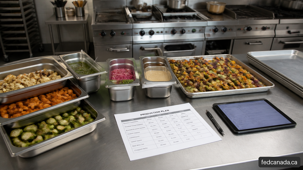 Commercial kitchen production planning with GN pans, prepared food, and cooking equipment