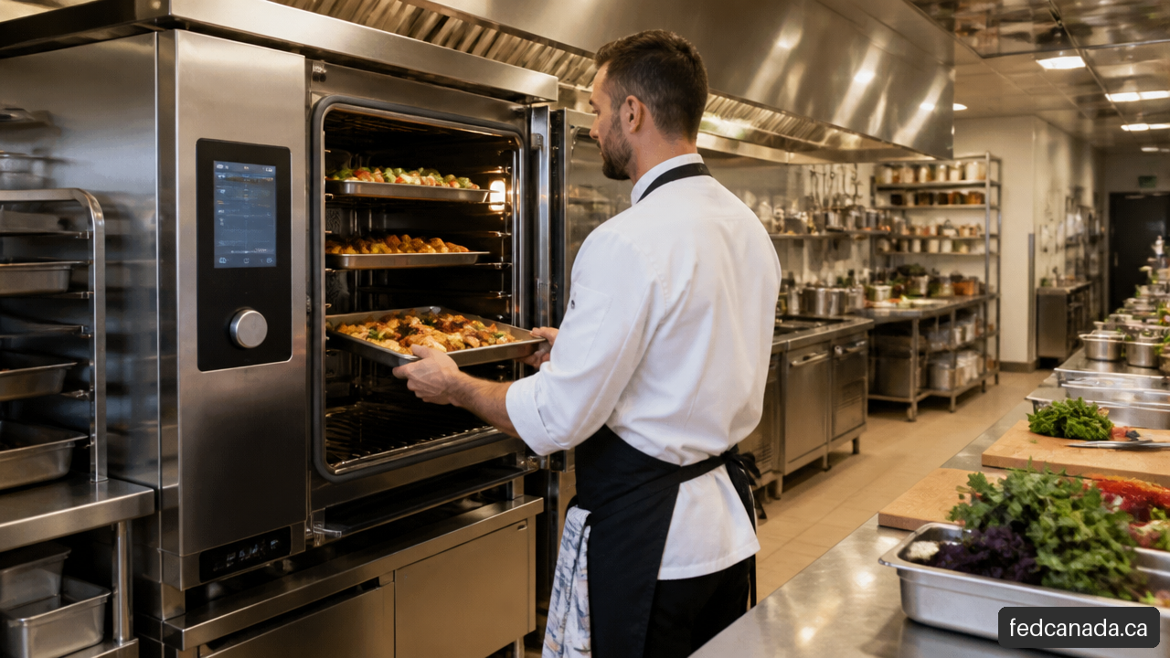 Commercial kitchen with a combi oven being loaded with hotel pans of food