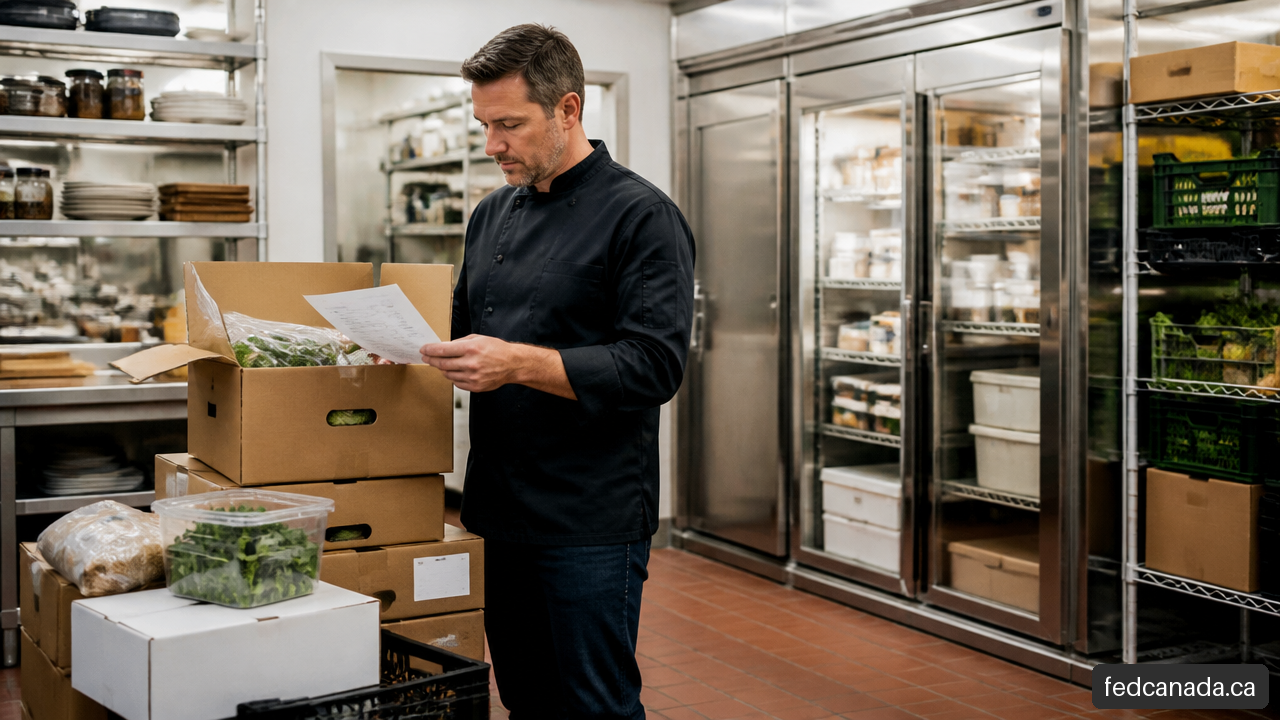 Restaurant manager reviewing a supplier delivery in a commercial kitchen receiving area