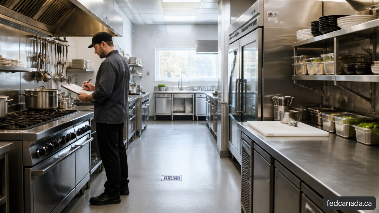 Organized commercial restaurant kitchen with refrigeration, cooking equipment, and stainless steel prep stations.