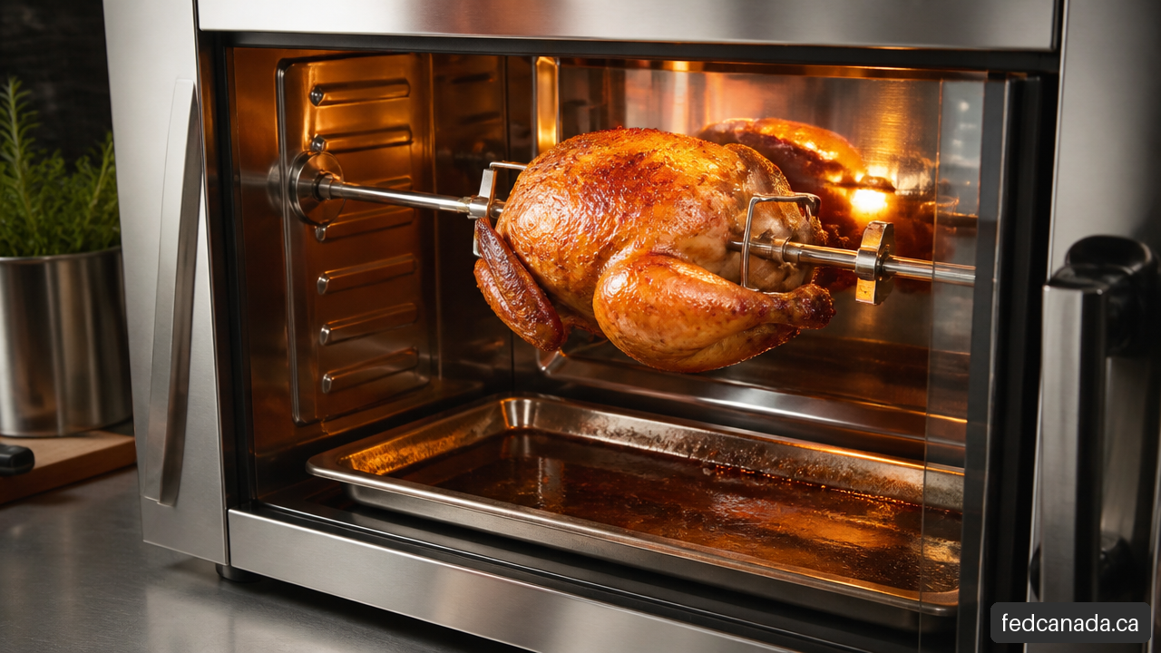 Golden rotisserie chicken turning on a spit above a drip pan in a countertop oven