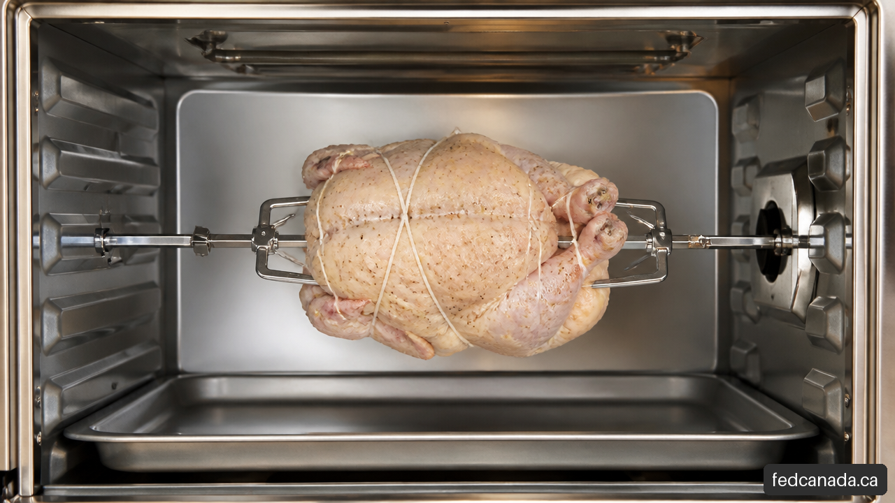 Trussed whole chicken secured with rotisserie forks and twine above a drip pan