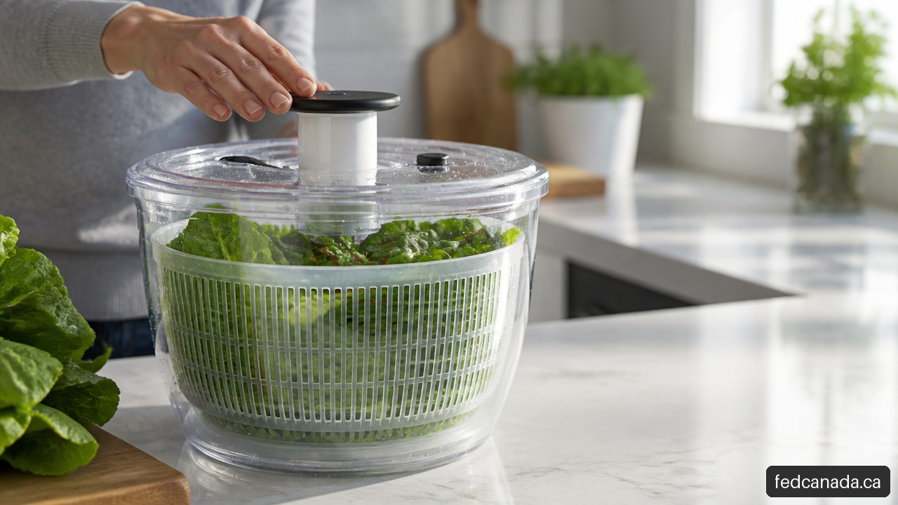 Manual salad spinner filled with freshly washed leafy greens on a kitchen counter