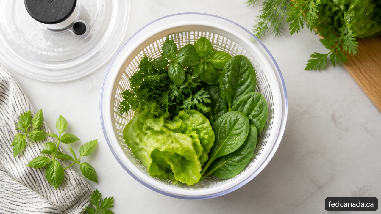 Salad spinner basket loaded loosely with herbs, spinach, and lettuce for gentle drying