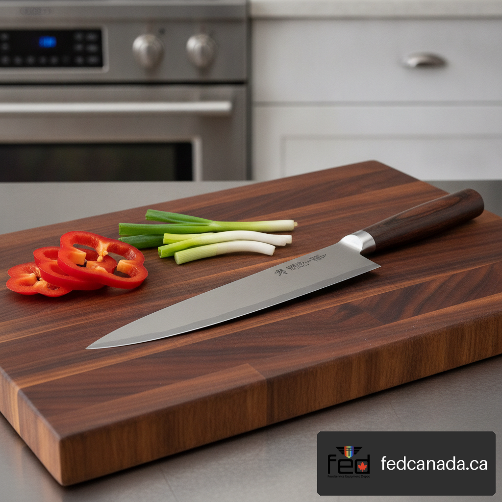 A high-quality Japanese santoku knife resting on a walnut wooden cutting board next to freshly sliced vegetables.