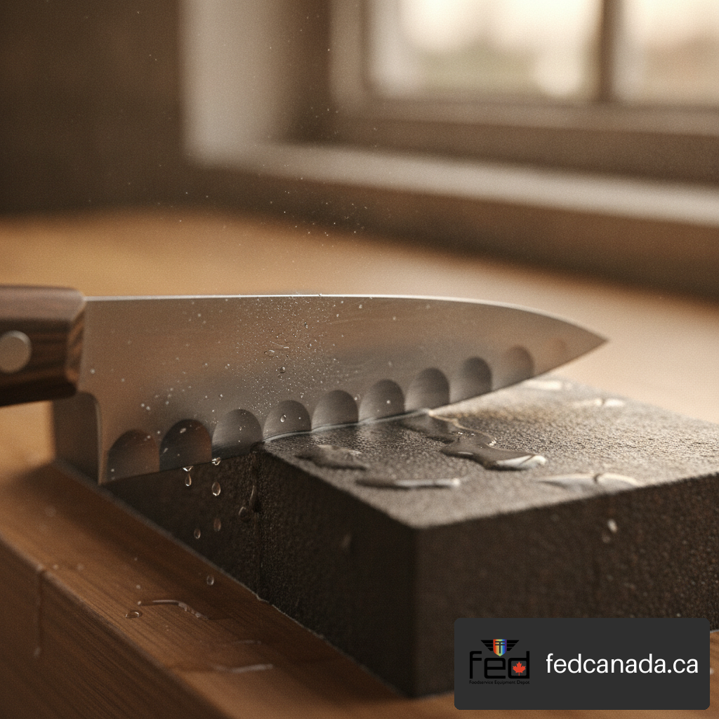 Close-up view of a santoku knife blade showing fluted Granton edge scallops and blade steel details.