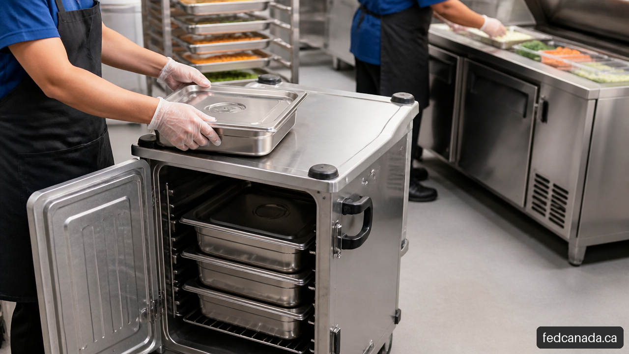 Covered food pans being loaded onto a mobile transport cart in a school commercial kitchen.