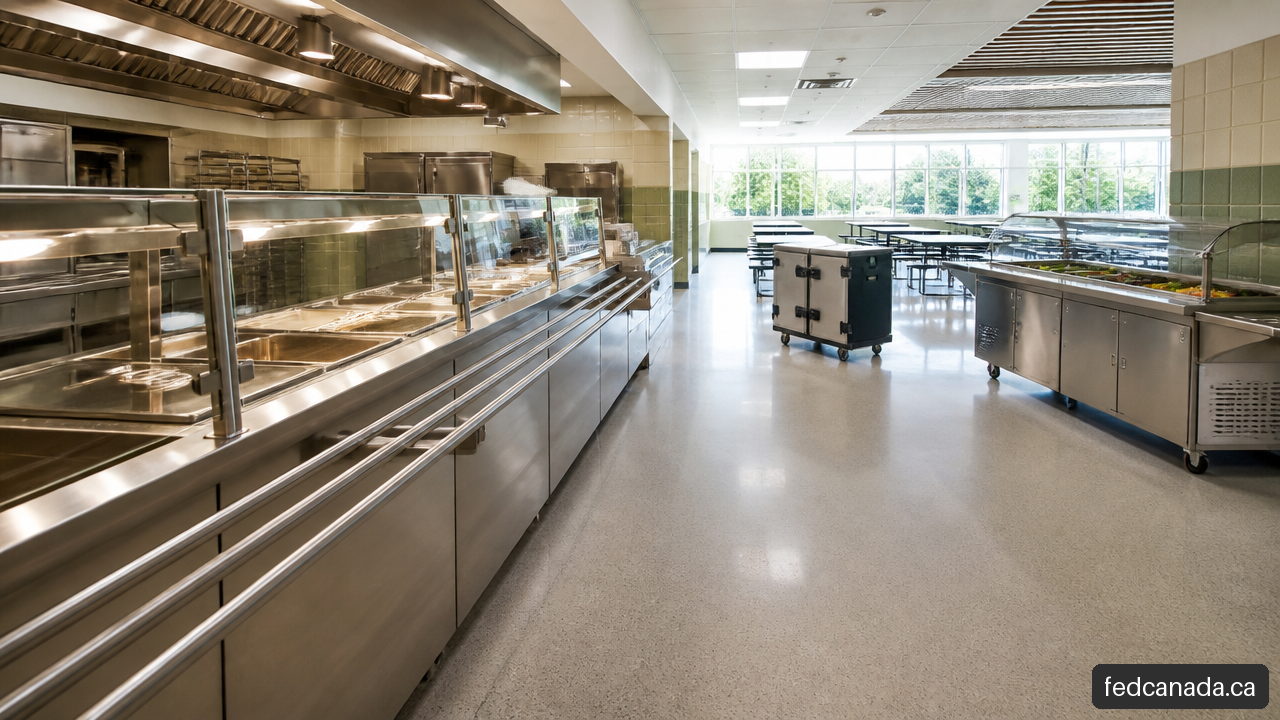 Modern school cafeteria serving line with heated wells, refrigerated display, trays, and accessible aisle.