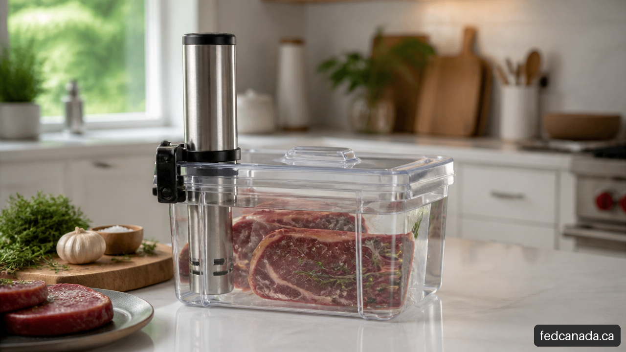 Immersion circulator clipped to a covered water bath with sealed food portions