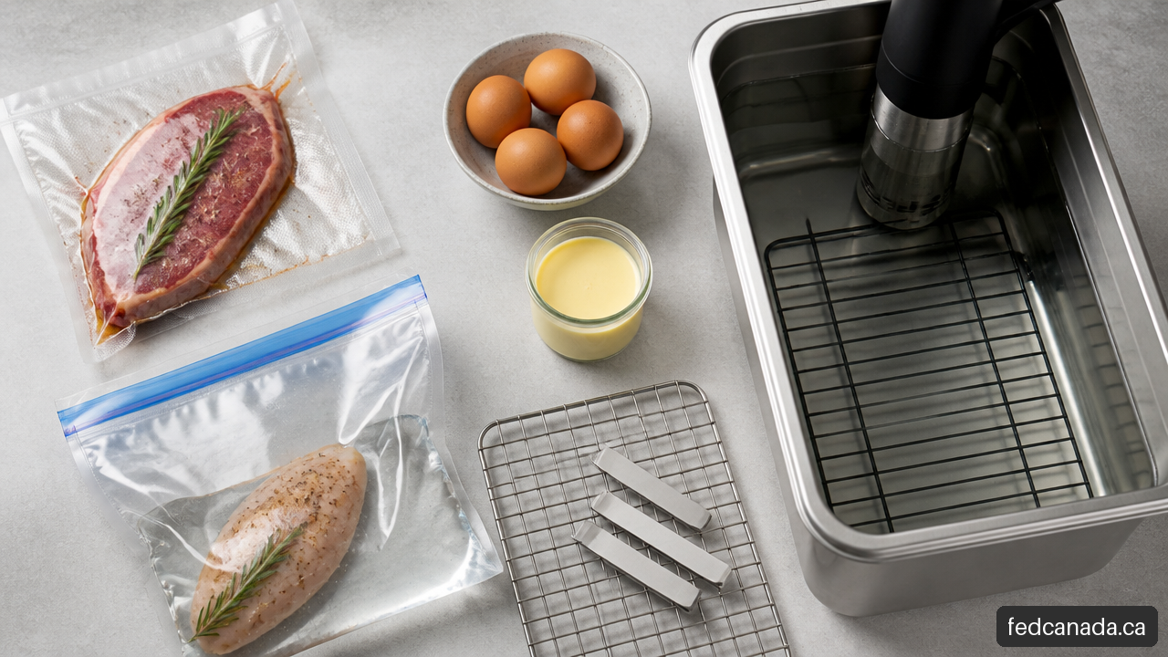 Sous vide bag, jar, egg, rack, and clip options for different precision cooking methods