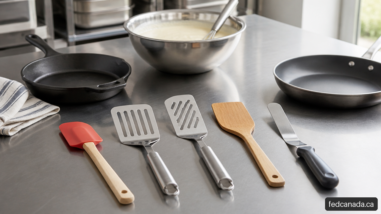Collection of silicone, stainless steel, wood, and icing spatulas beside cookware and a mixing bowl.