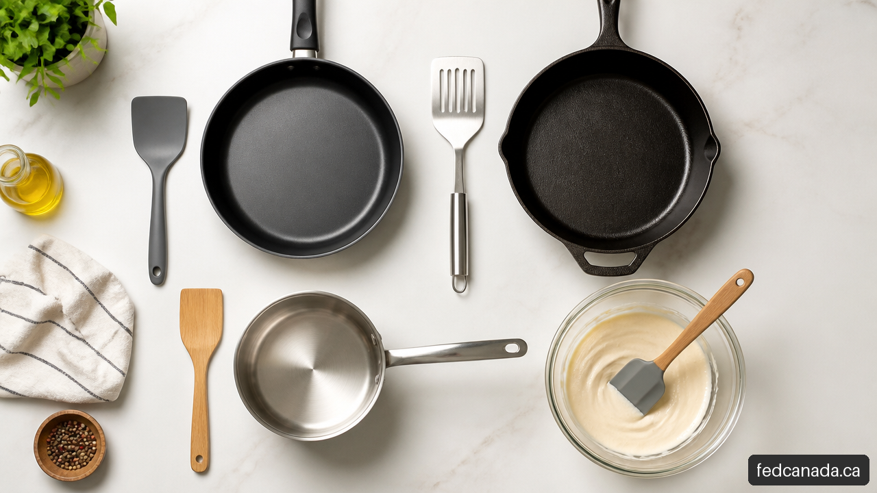 Silicone, stainless steel, and wooden spatulas matched with non-stick, cast iron, and mixing cookware.
