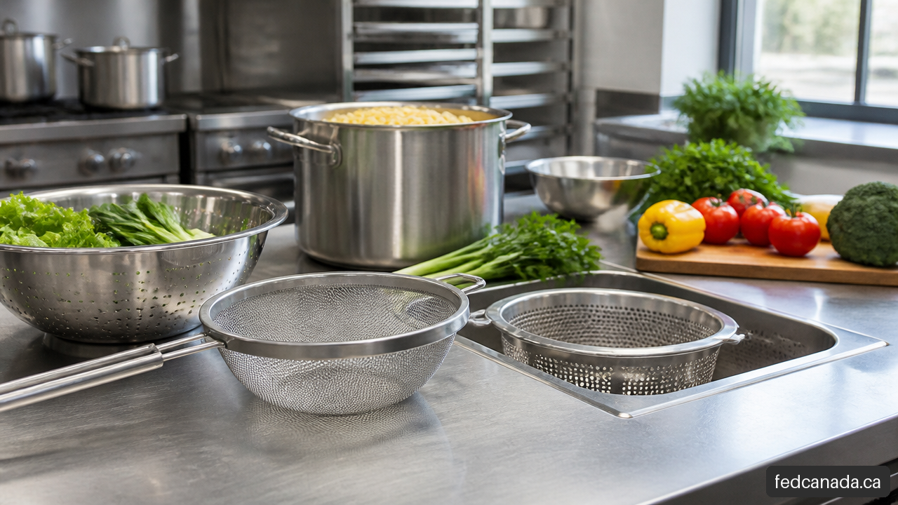 Commercial kitchen prep station with a fine-mesh food strainer, colander, and sink basket strainer.