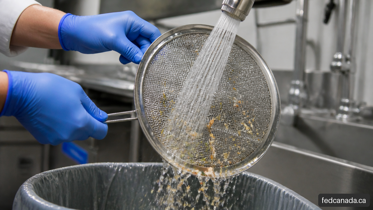 Fine-mesh stainless steel strainer being rinsed from the reverse side to remove food debris.