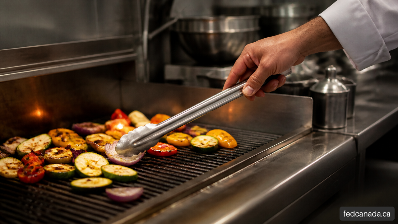 Long stainless steel tongs turning vegetables on a hot commercial grill.