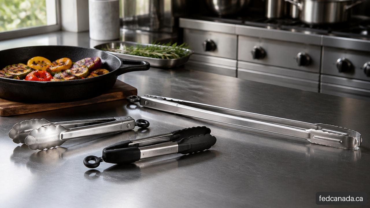 Stainless steel, silicone tipped, and long grill tongs arranged on a commercial kitchen worktable.