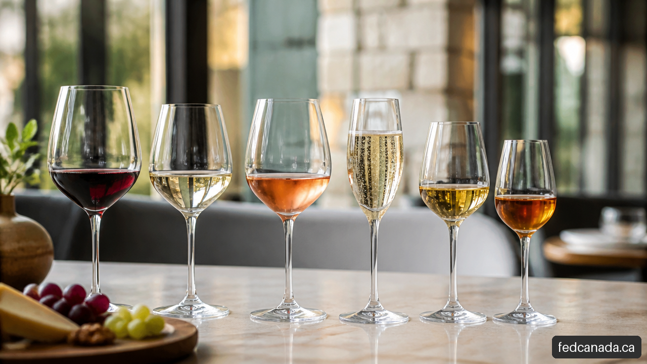 Six glasses showing red, white, rosé, sparkling, sweet, and fortified wine styles on a restaurant table.