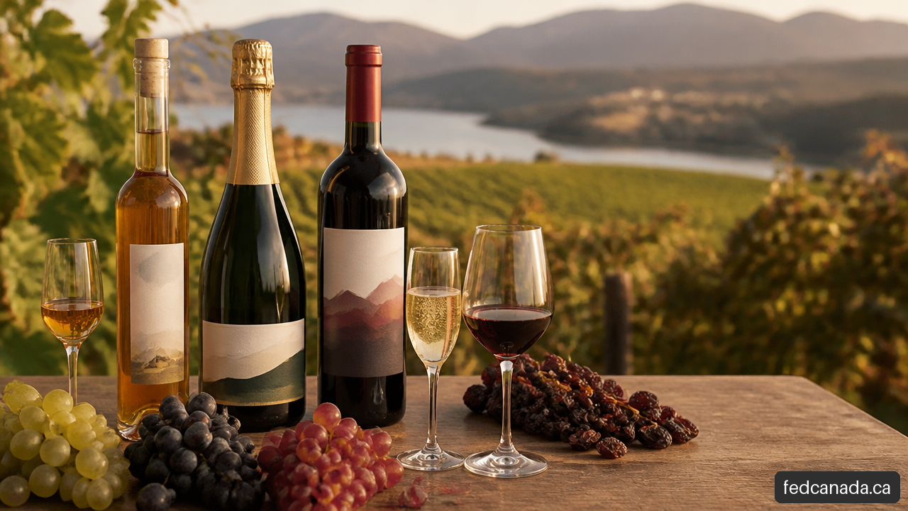 Wine bottles and grapes illustrating Icewine, sparkling wine, red wine, and appassimento wine styles.