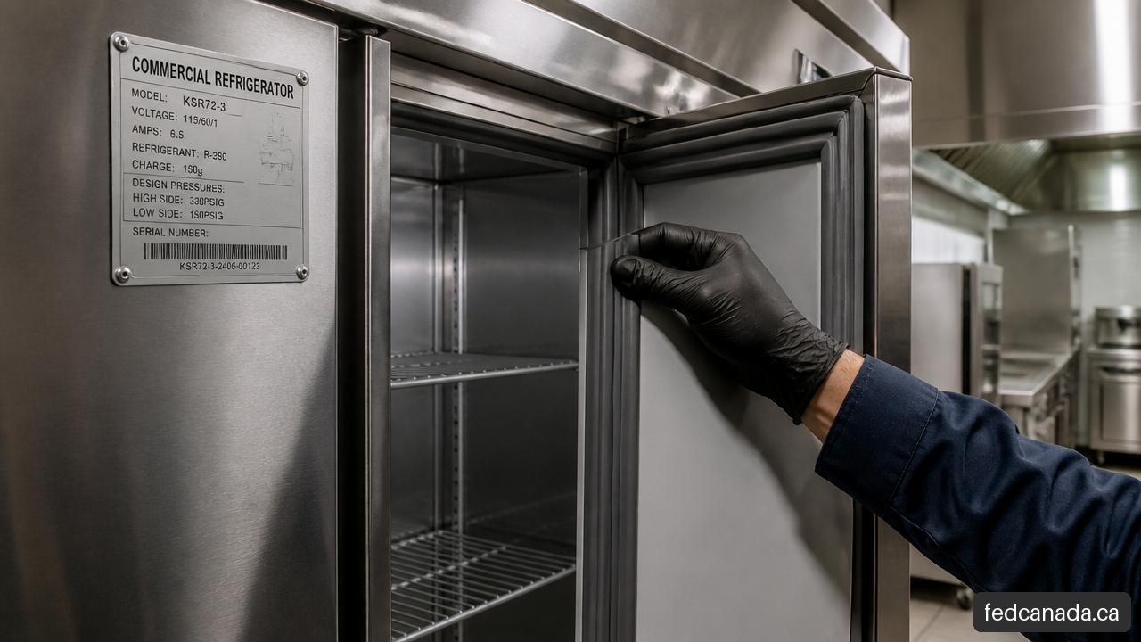 Inspection of a used commercial refrigerator nameplate and door gasket.