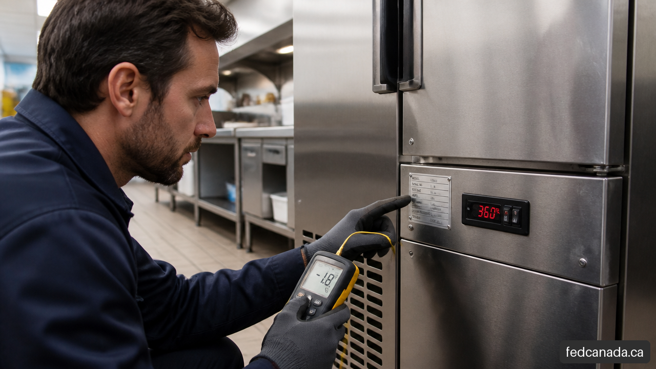 Inspection of a used commercial refrigerator serial plate and temperature controls