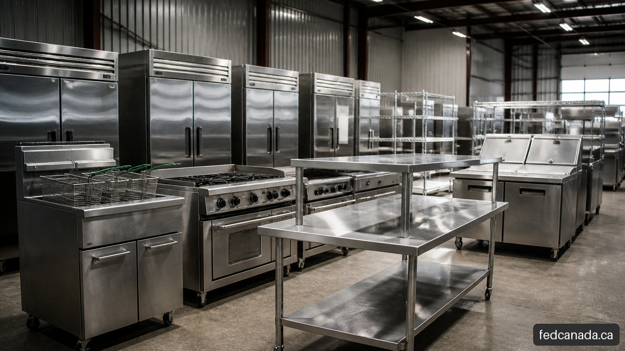 Used commercial restaurant equipment including refrigeration and cooking appliances in a Toronto warehouse