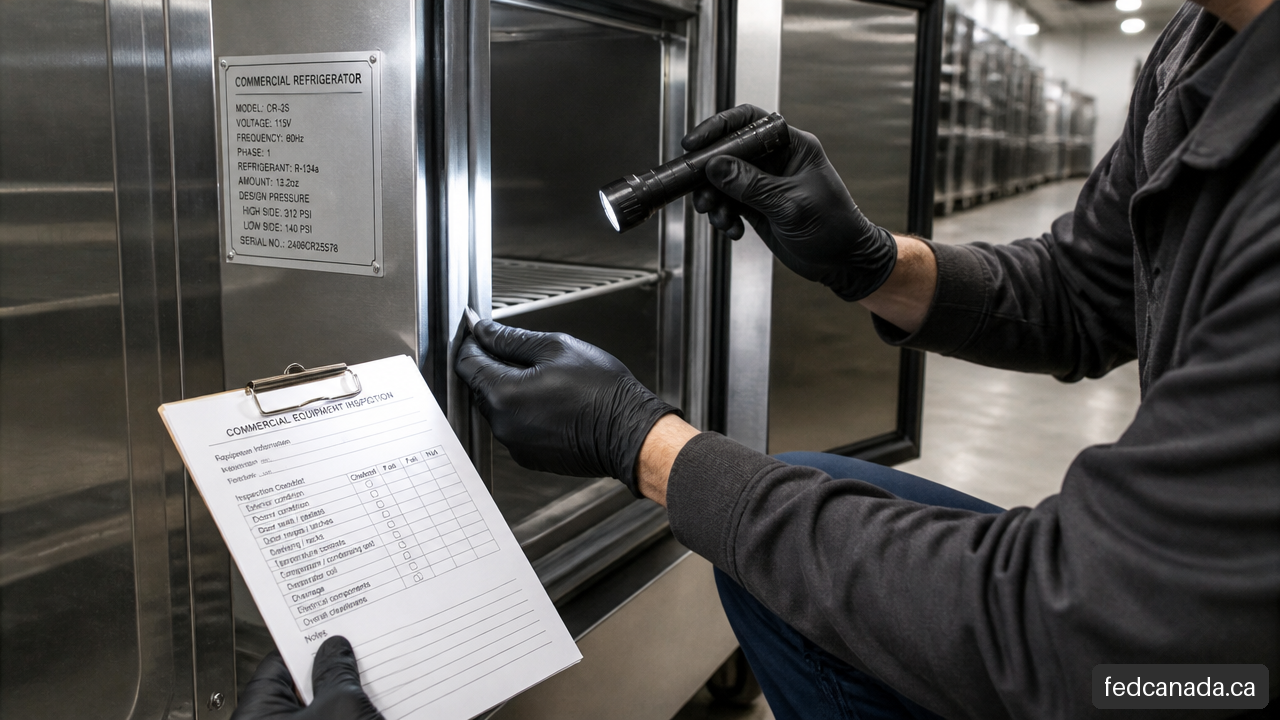 Inspection of a used commercial refrigerator data plate and door gasket before purchase