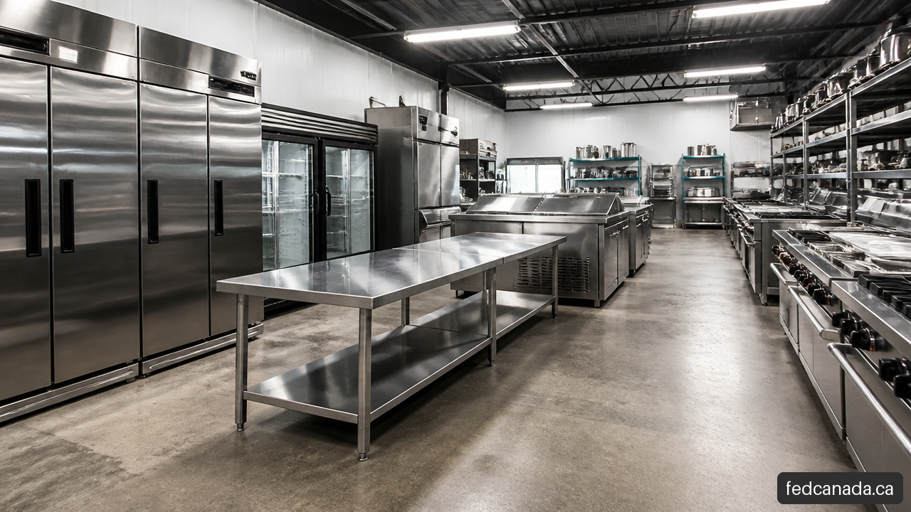 Used commercial restaurant equipment including stainless prep tables and refrigerators in a Vancouver showroom