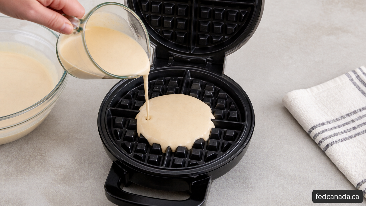 Measuring cup pouring waffle batter into the center of a non-stick waffle maker grid.