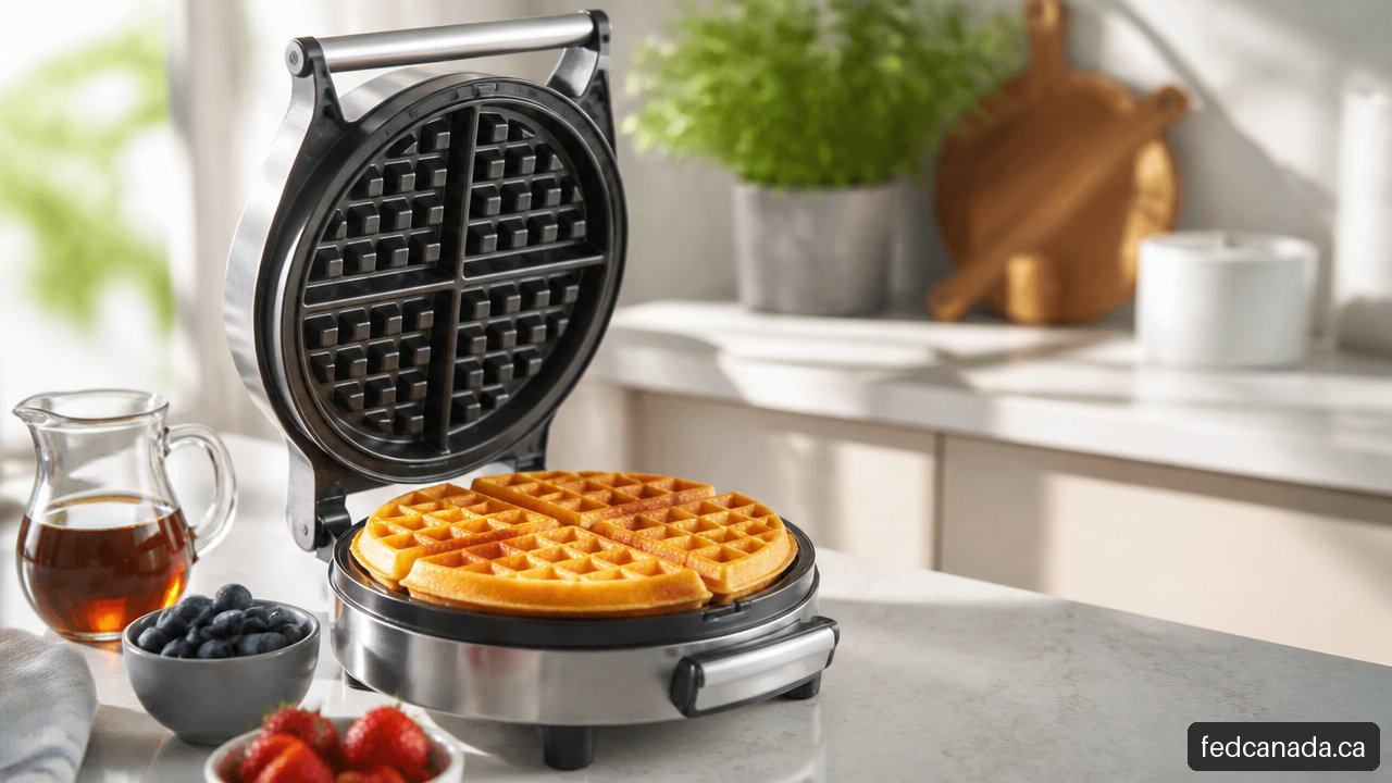 Open stainless steel waffle maker holding a golden Belgian waffle on a bright kitchen counter.